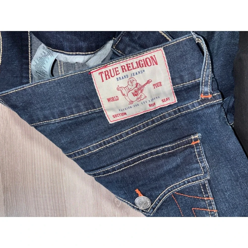 NWOT True Religion Mens 36 Geno Relaxed Slim Jeans Dark Wash Orange Stitch Y2K